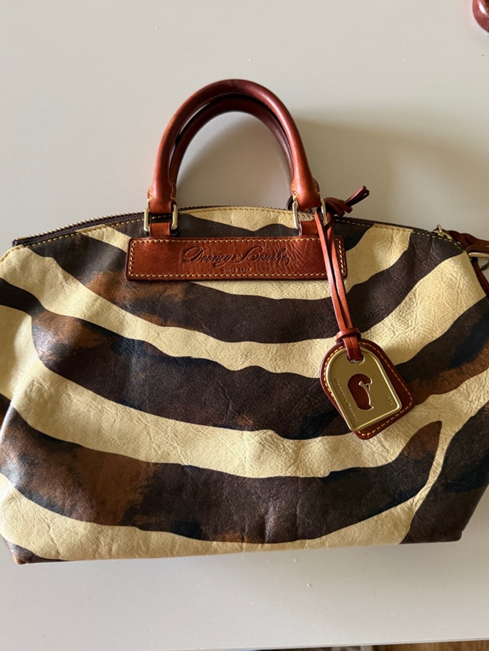 Authentic Dooney & Bourke Brown Cream Zebra-Print Leather Satchel